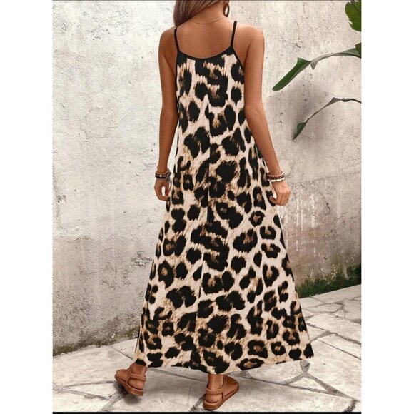 Leopard print maxi dress contrast stitching black tan BoHo vacation - Picture 2 of 4